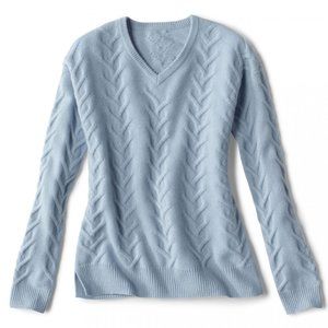 Orvis 100% Cashmere V-neck Cable-Knit Sweater NWT Medium Blue Fog